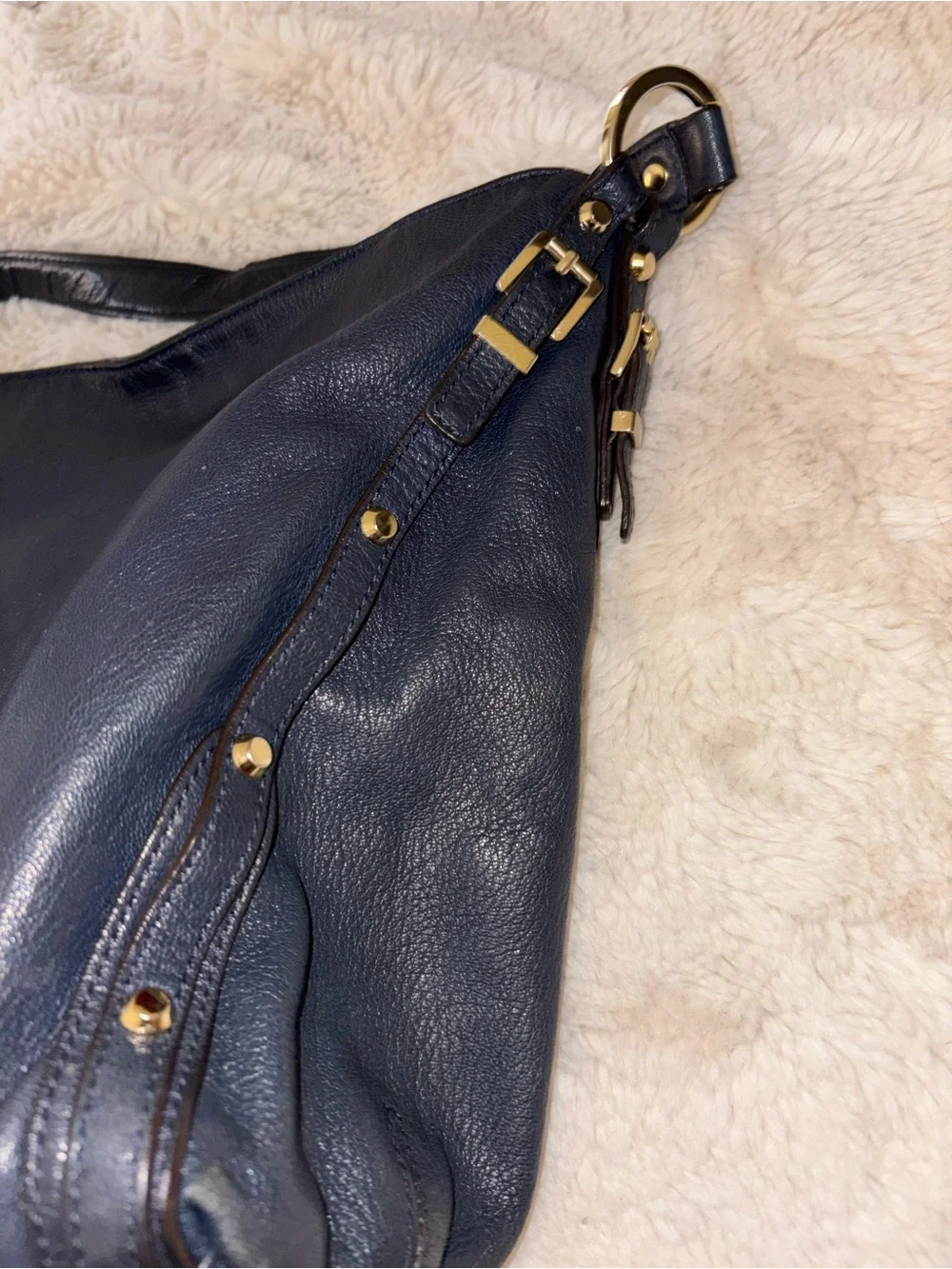 Michael Kors Astor Navy Leather Shoulder Bag with Gold Hardware